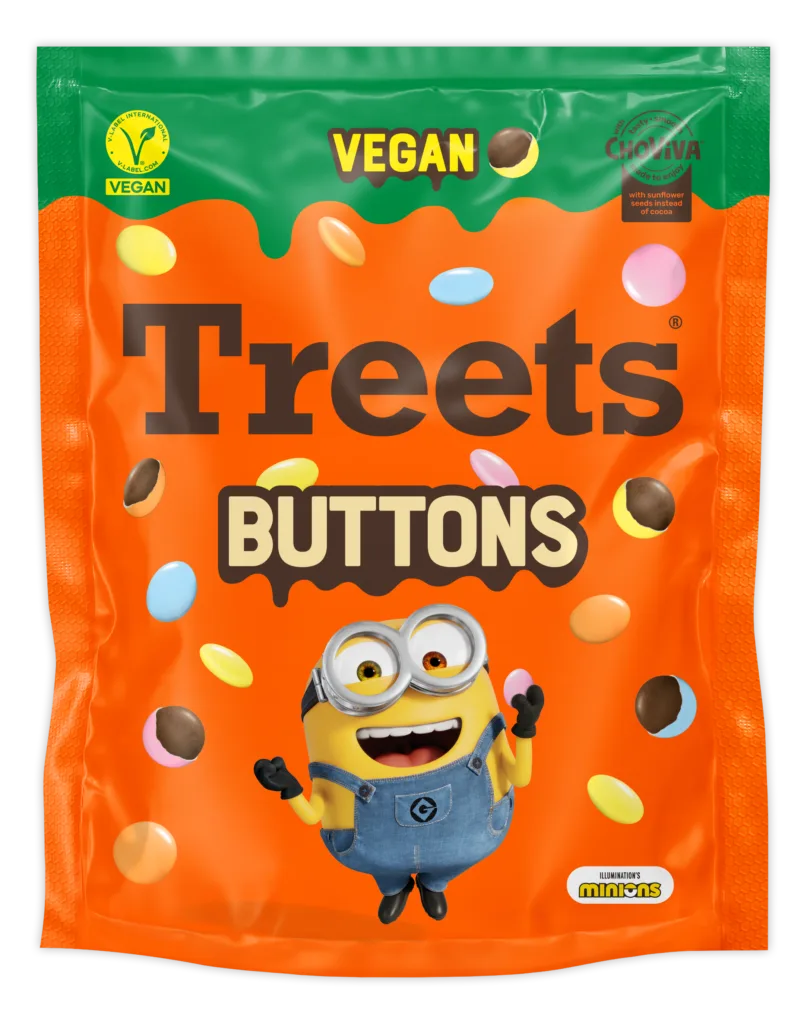 Treets Buttons Verpackung mit einer freudigen Minions-Figur und Illumination's-Minions-Logo, vegan mit ChoViva