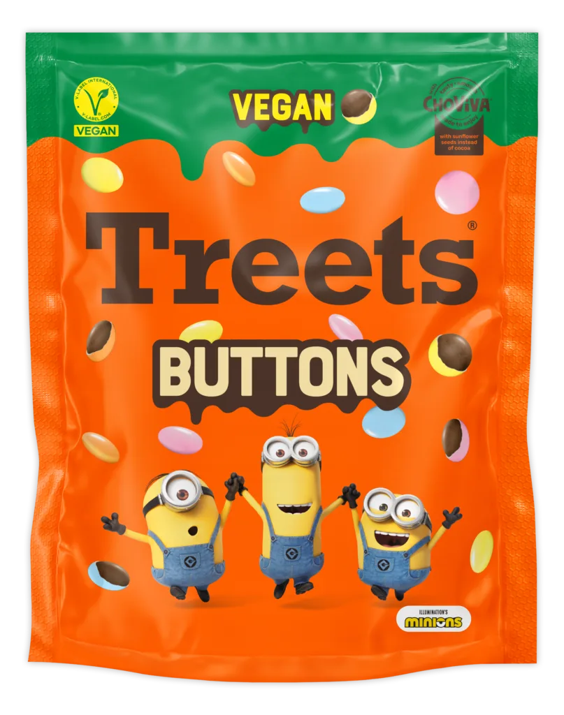 Treets Buttons Verpackung mit drei jubelnden Minions-Figuren und Illumination's-Minions-Logo, vegan mit ChoViva