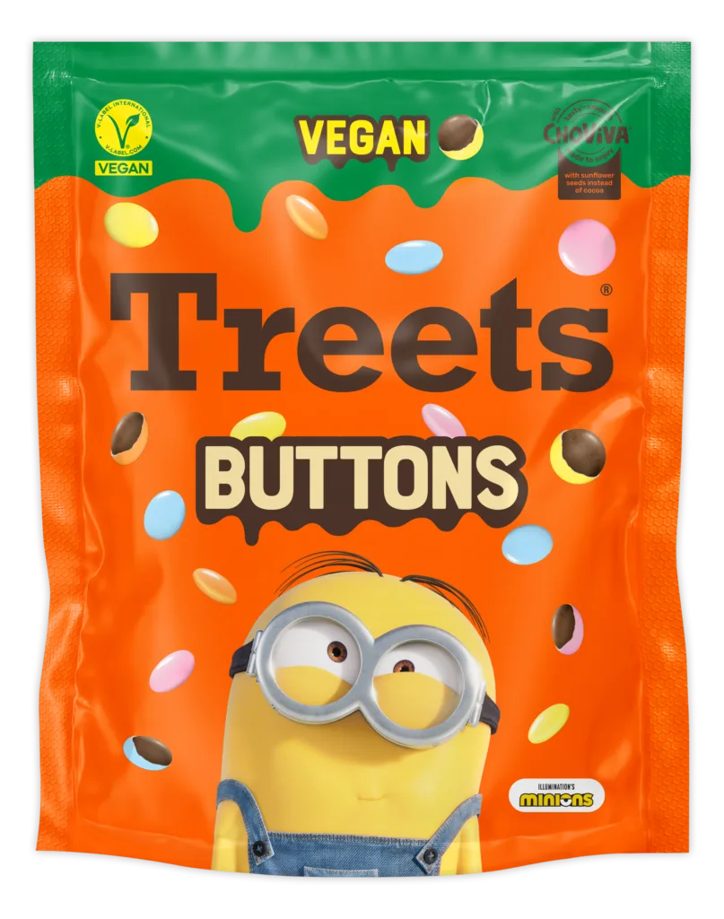 Treets Buttons Verpackung mit einer Minions-Figur und Illumination's-Minions-Logo, vegan mit ChoViva