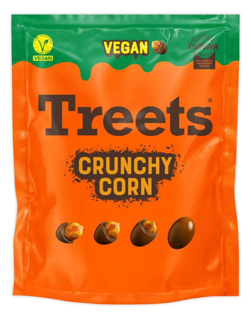 Treets Crunchy Corn Verpackung, vegan mit ChoViva und V-Label-Siegel