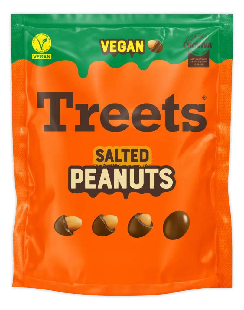 Treets Salted Peanuts Verpackung, vegan mit ChoViva und V-Label-Siegel